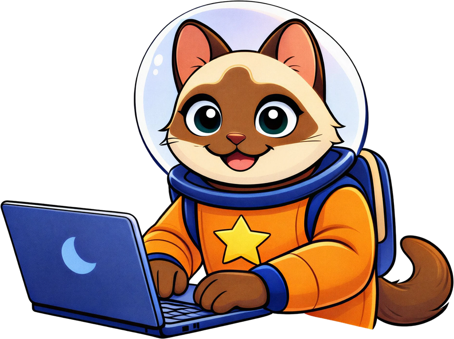 Mascotte de La Propulserie : un chat astronaute devant un ordinateur portable